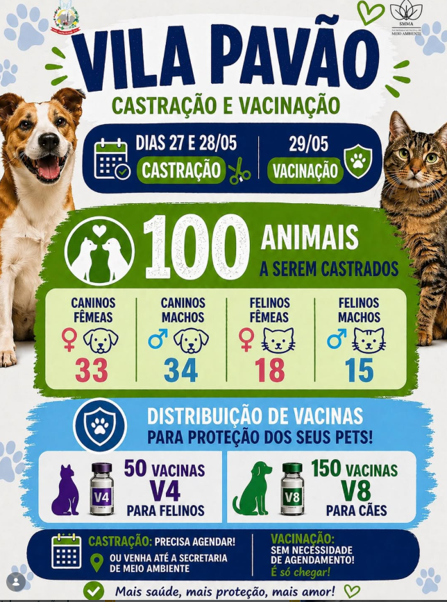 NOTÍCIA: Município realiza campanha de castração e vacinação gratuita para cães e gatos entre os dias 27 e 29 de maio